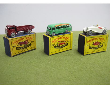 Three Boxed Matchbox Early 1-75 Series Moko Lesney Models, comprising of No 19 MG Midget, cream body, brown driver, red seats