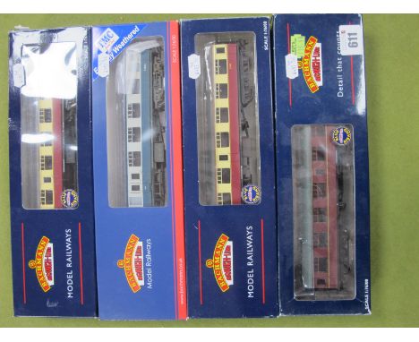 Four Bachmann "OO" Gauge Coaches, to include # 39-075C BR MKI BSK, Brake Second Corridor, blue and grey, #39-052J BR MKI Open