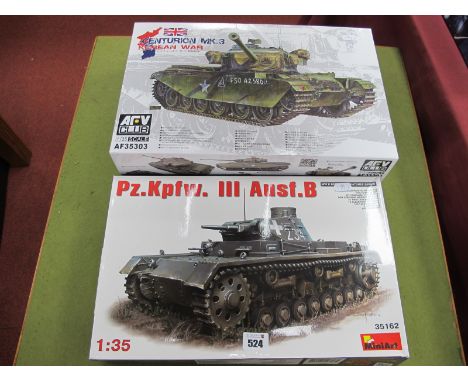 Two 1:35th Scale Plastic Model Tank Kits, ARV Club #AF35303 Centurion MK3 Korean War, MiniArt #35162 PZ.KPFW. III AUSF.B, uns
