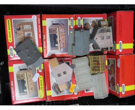Eight Hornby Minitrix 'N' Gauge Boxed Trackside, Buildings, Goods and Engine Sheds, etc, plus seven loose plastic domestic bu