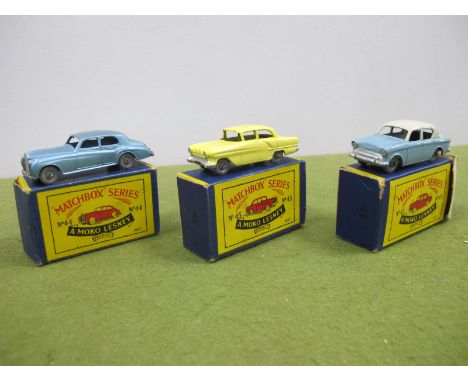 Three Boxed Matchbox Early 1-75 Series Moko Lesney Models, comprising of No 43A Hillman Minx, turquoise body, cream roof, sma