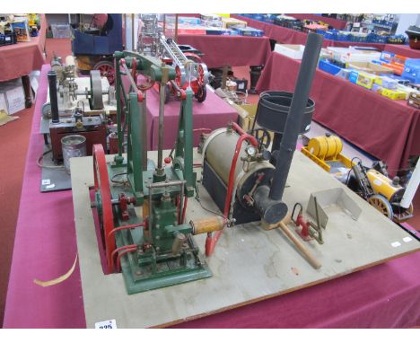 A Live Steam Plant, to include horizontal boiler 4" x 8¾" fitted with sight glass regulators pressure gauge, (missing burner)