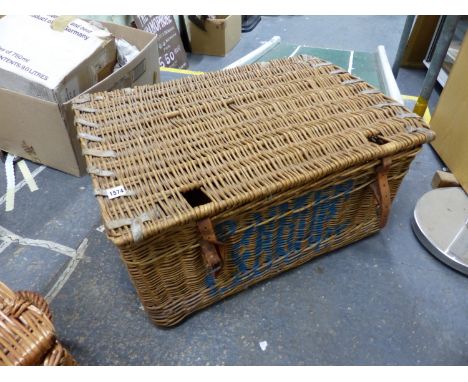 A FORTNUM AND MASON HAMPER, A LAUNDRY BASKET AND A PICNIC BASKET.