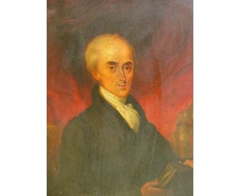 EARLY 19th.C.ENGLISH SCHOOL.    PORTRAIT OF A GENTLEMAN IN HIS LIBRARY,  OIL ON BOARD.     33 x 27cms.