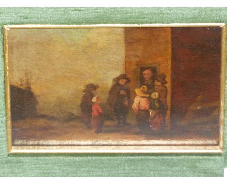 OLD MASTER SCHOOL.  CONVERSING FIGURES BY A DOORWAY, OIL ON PANEL.  12 x 17cms.