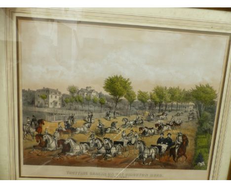 AN ANTIQUE AMERICAN FOLIO COLOUR PRINT ENTITLED 'TROTTING CRACKS ON THE BRIGHTON ROAD', PUBLISHED BY HASKELL AND ALLEN, BOSTO