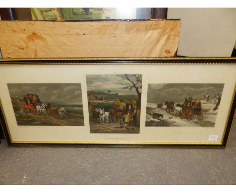 AFTER CECIL ALDIN.   THE ARRIVAL OF THE OXFORD COACH, COLOUR PRINT.   33 x 62cms,  TOGETHER WITH A COMIC PRINT ENTITLED BY PR