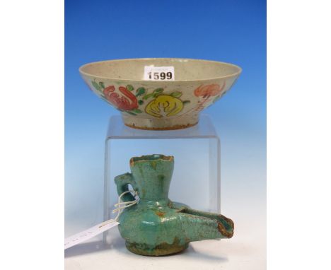 A CHINESE PROVINCIAL GREY PORCELAIN BOWL ENAMELLED ON THE EXTERIOR WITH FRUIT AND SHOU CHARACTERS.   Dia. 15.5cms. TOGETHER W