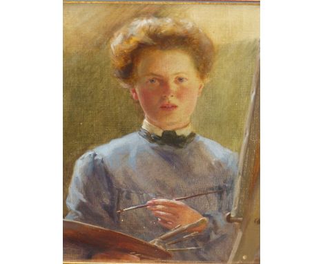 19/20th.C.ENGLISH SCHOOL.    PORTRAIT OF AN ARTIST, OIL ON CANVAS.   36 x 31cms.