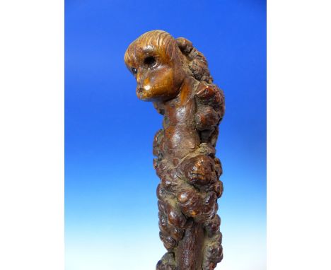 AN ORIENTAL CARVED ROOT WOOD WALKING STICK WITH MONKEY POMMEL TOGETHER WITH TWO OTHER CANES AND A SWAGGER STICK.