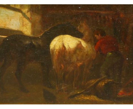19th.C.ENGLISH SCHOOL.    IN THE STABLE, OIL ON METAL PANEL.   14 x 18.5cms.