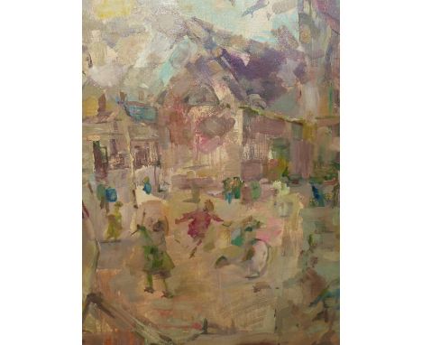 20th.C.ENGLISH SCHOOL.    PLAYING IN THE STREET, OIL ON CANVAS.     77 x 64cms.