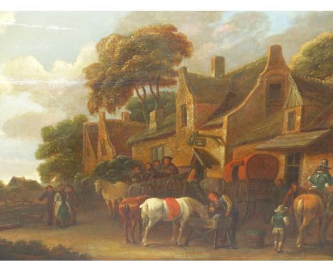 OLD MASTER FLEMISH/DUTCH SCHOOL.   TRAVELLERS OUTSIDE AN INN, OIL ON PANEL.   39 x 56cms.