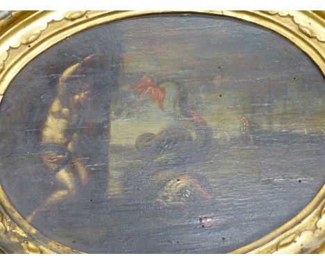 OLD MASTER SCHOOL.  A PAIR OF OVAL SCENES OF NYMPHS WITH SEA MONSTERS, OIL ON PANEL IN CARVED GILTWOOD FRAMES.    18 x 24cms 