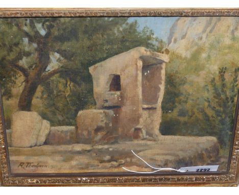 R THORBURN.  20th.C.ENGLISH SCHOOL.   ARR.    MOORISH WELL, SIGNED OIL ON BOARD.    34 x 42cms. 