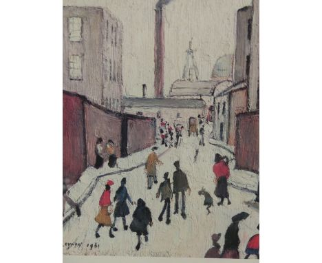 LAWRENCE STEPHEN LOWRY.   (1887-1976).  ARR.  STREET SCENE, PENCIL SIGNED COLOURED PRINT.    29 x 22.5cms.