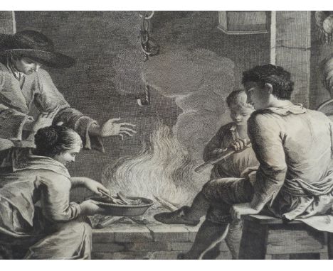 AFTER BOUCHER.  AN ANTIQUE SEPIA PRINT OF A FLOWER GIRL  45 x 30.5cms.  TOGETHER WITH AN ITALIAN INTERIOR SCENE  37 x 47cms (