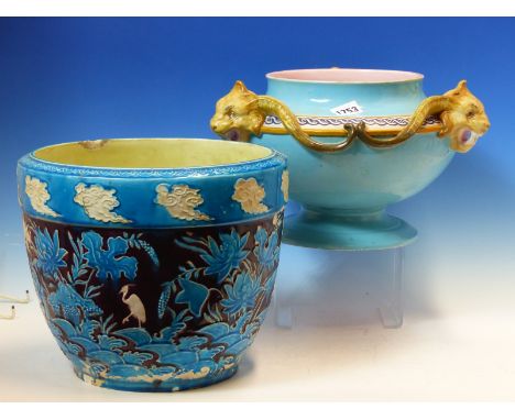 A MINTON MAJOLICA CHINOISERIE TURQUOISE, WHITE AND AUBERGINE PLANTER.   Dia. 28cms. TOGETHER WITH ANOTHER MAJOLICA PLANTER WI