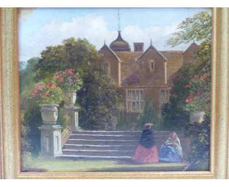 19th.C.ENGLISH SCHOOL.    IN THE GARDEN OF A COUNTRY HOUSE.  OIL ON PANEL.  17 x 19.5cms.