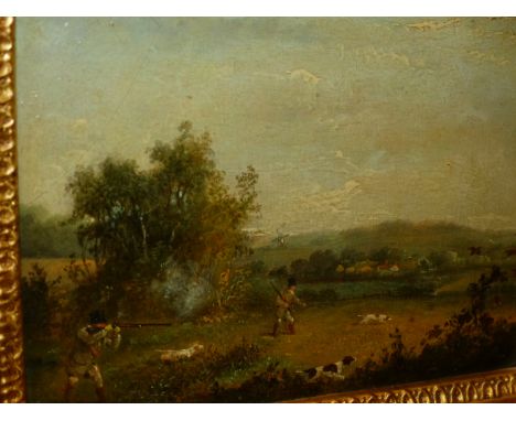19th.C.ENGLISH SCHOOL.   FOUR SHOOTING SCENES, OIL ON PANEL,  PROVENANCE BY REPUTE CHRISTIES MAR/15/1889.    12 x 16cms  (4).
