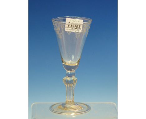 AN 18th C. GERMAN GLASS, THE RIM OF THE CONICAL BOWL WHEEL ENGRAVED WITH GROUPS OF PELLETS IN AND ABOUT A CUP AND RIDGE BAND,