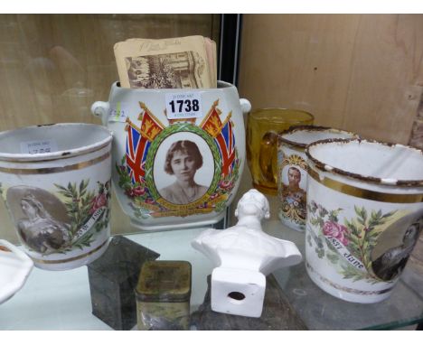 A COLLECTION OF ROYAL MEMORABILIA, TO INCLUDE: THREE ENAMEL BEAKERS, A PRINTING BLOCK, A TIN, A BUST OF NICHOLAS II, STEREOSC