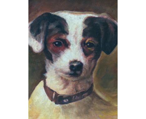 20th.C.ENGLISH SCHOOL.   PORTRAIT OF A TERRIER, OIL ON BOARD.   29.5 x 24cms.