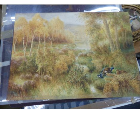 GEORGE RANKIN.  (1864-1937)  GAME BIRDS AMIDST BRACKEN, SIGNED WATERCOLOUR, UNFRAMED.  38 x 53.5cms