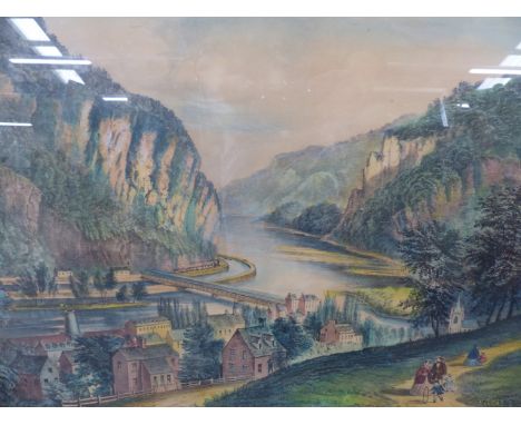 AN ANTIQUE CURRIER AND IVES FOLIO COLOUR PRINT ENTITLED 'VIEW OF HARPERS FERRY VIRGINIA'   44 x 56cms.