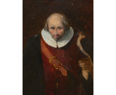 19th.C.ENGLISH SCHOOL.   PORTRAIT OF A GENTLEMAN IN 17th.C.STYLE COSTUME, OIL ON BOARD.   30 x 24cms.