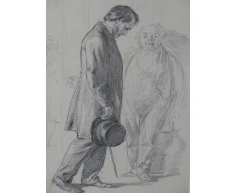 JOHN DAWSON WATSON 1832-1892- .&nbsp;PORTRAIT OF A GENTLEMAN HOLDING A TOP HAT. PENCIL DRAWING. 24 x 16.5cms. INSCRIBED AND D