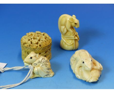 A CHINESE RELIEF CARVED IVORY BOX CONTAINING EIGHT MOTHER OF PEARL COUNTERS.   Dia. 3.5cms.TWO RAT NETSUKE, A BONE FROG AND L