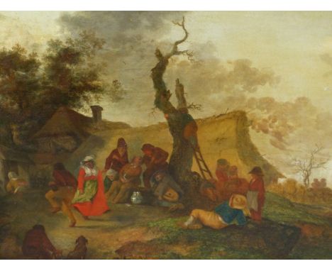OLD MASTER SCHOOL.    MERRYMAKING OUTSIDE THE TAVERN, OIL ON PANEL  IN CARVED GILT FRAME.    31 x 44cms.