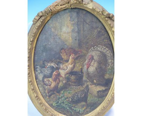 19th.C. CONTINENTAL SCHOOL.&nbsp; POULTRY IN A BARNYARD.&nbsp; SIGNED INDISTINCTLY, OVAL PANEL.&nbsp; 17.5 x 13.5cms.