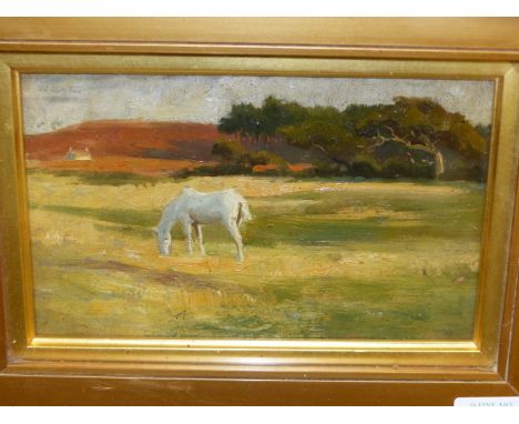 ARTHUR LEMON.   (1850-1912)     OUT TO PASTURE, NEW FOREST, OIL ON PANEL.  12 x 19cms.