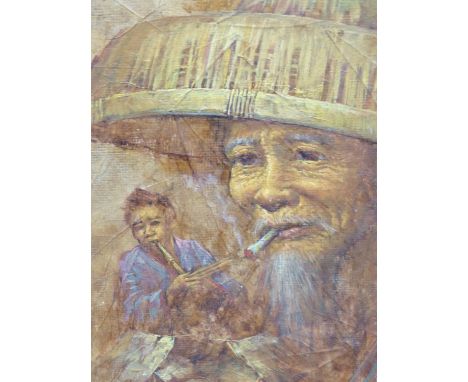 20th.C.SOUTH EAST ASIAN SCHOOL.   PORTRAIT OF TWO MEN, SIGNED INDISTINCTLY, MIXED MEDIA ON BOARD.    33 x 28cms.