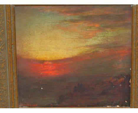 J. MULREADY.   19th/20th.C.    THE SUNSET, SIGNED, OIL ON PANEL.  17.5 x 17.5cms.
