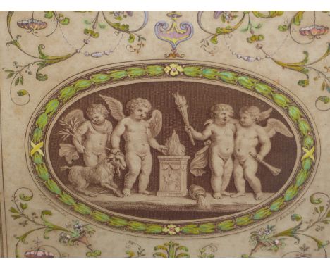 AFTER CLAUDE LORRAIN. AN ANTIQUE PRINT, JUPITER AND EUROPA 50 x 61cms. TOGETHER WITH TWO NEOCLASSICAL STYLE PRINTS OF PUTTI I