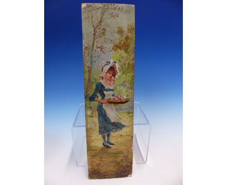 ALONSO PEREZ.   19th/20th.C.    THE FLOWER GIRL.  SIGNED OIL ON PANEL, UNFRAMED.    31 x 9cms.