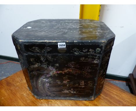 A CHINESE EXPORT LAC BURGAUTE BOX, THE CANTED RECTANGULAR LID HINGED THE MOTHER OF PEARL INLAID BLACK GROUND DEPICTING TREES 
