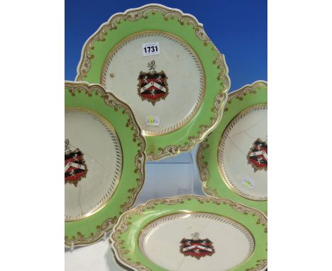 SETS OF SIX FLIGHT, BARR AND BARR, WORCESTER ARMORIAL DINNER AND SOUP PLATES, THE ARMORIALS WITHIN GILT GREEN RIMS, PRINTED M