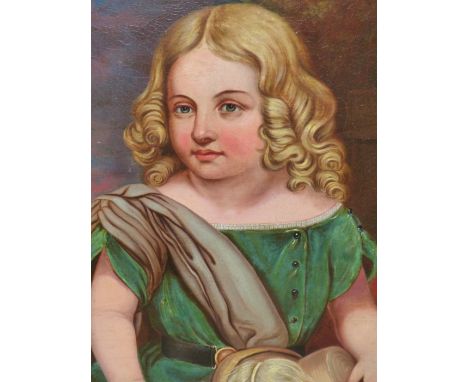 19th.C.ENGLISH NAIVE SCHOOL.    PORTRAIT OF A GIRL, OIL ON CANVAS, LAID DOWN.   60 x 48cms.