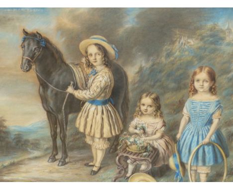 S.HASTENRATH.   MID 19th.C. SCHOOL.   PORTRAIT OF THREE SISTERS SIGNED AND DATED 1852, PASTEL.   54 x 72cms.