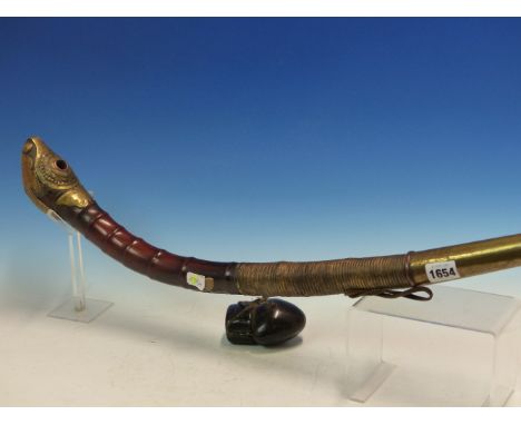 TWO BAMBOO OPIUM PIPES WITH LEATHER AND GOURD POUCHES, ONE CURVED AND BRASS MOUNTED.   W 62cms. THE OTHER STRAIGHT WITH METAL