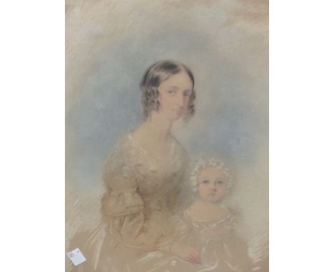 19th.C.SCHOOL.    PORTRAIT OF MOTHER AND CHILD, SIGNED AND DATED INDISTINCTLY, WATERCOLOUR AND PASTEL.   42 x 30cms.