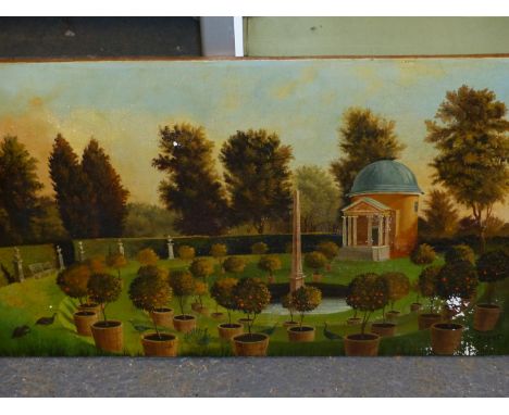 A DECORATIVE GARDEN SCENE WITH ORANGE TREES, SIGNED OIL ON PANEL, UNFRAMED.   40 x 68cms.