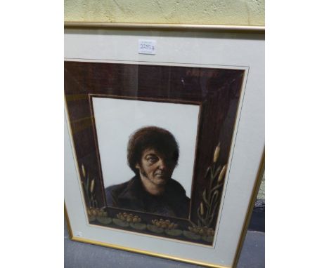 DAVID OXTOBY. (1938-****) ARR. PORTRAIT OF A MAN WITHIN A FRAME, SIGNED MIXED MEDIA. 45 x 35cms.