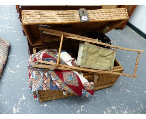 A VINTAGE WICKER HAMPER, CHILD'S CHAIR, A DOLL'S PUSH CHAIR, A STOOL, TEXTILES, ETC.