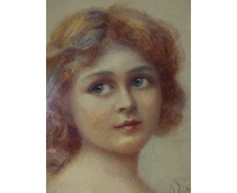 19/20th.C.ENGLISH SCHOOL, PORTRAIT OF A GIRL, SIGNED INDISTINCTLY, WATERCOLOUR.   Dia. 12cms.