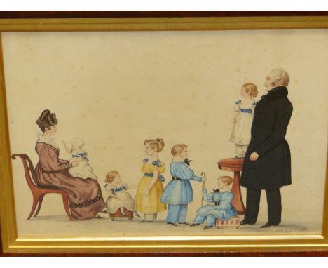 G.M.MATHEW.   19th.C.ENGLISH SCHOOL.   A NAIVE FAMILY GROUP PORTRAIT SIGNED AND DATED 1831, WATERCOLOUR.   28 x 38cms.